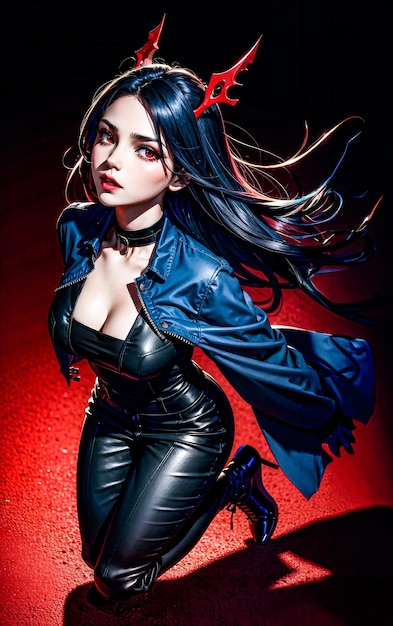 ein Anime-Mädchen mit langen schwarzen Haaren, das eine schwarze Jacke und schwarze Lederhosen trägt