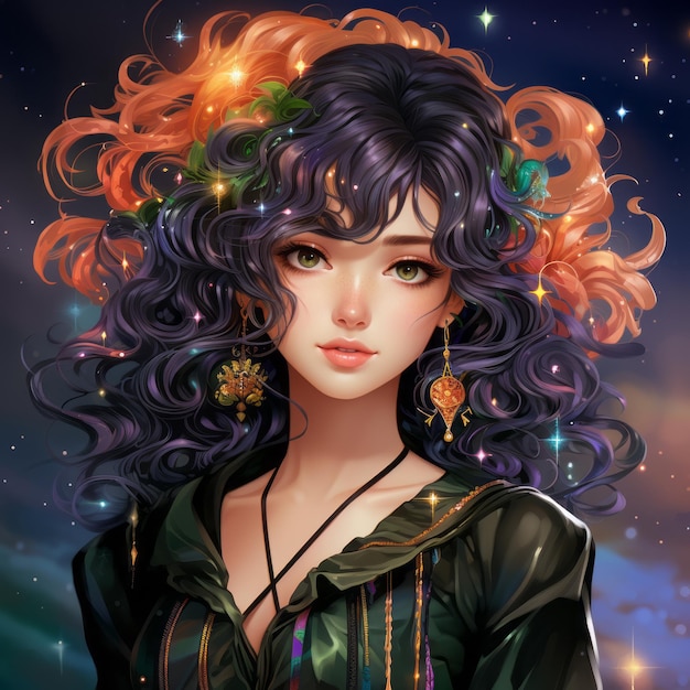 ein Anime-Mädchen mit lila Haaren und Ohrringen