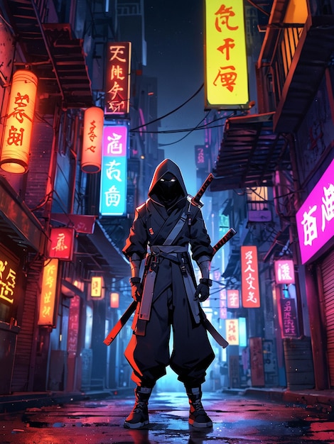 Ein Anime-Ninja-Meister steht in einer futuristischen Stadt