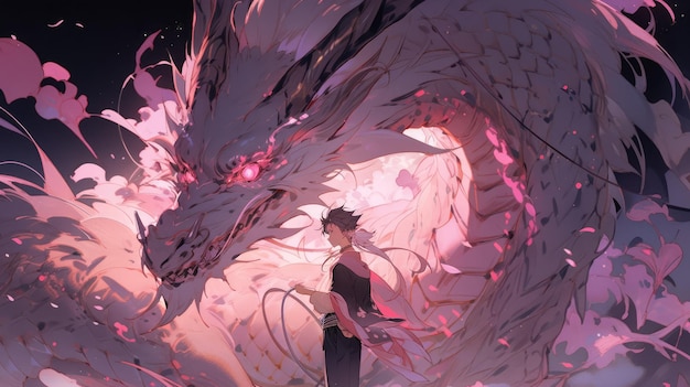 ein Anime und ein Drache in Rosa