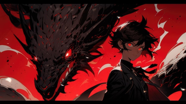 ein Anime und ein Drache in Rot