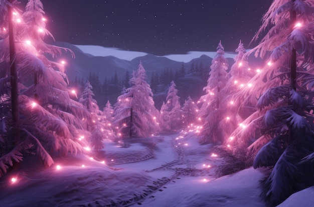 ein animierter Weihnachts-Hintergrund voller Bäume, die mit Kieferlichtern bedeckt sind
