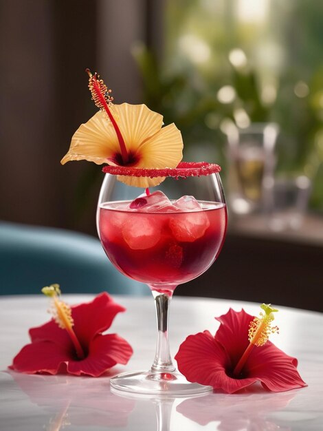 Ein anspruchsvoller Cocktail mit Hibiscus-Infusion Tequila Triple Sec und einer Mischung aus Zitrussaft Garnish