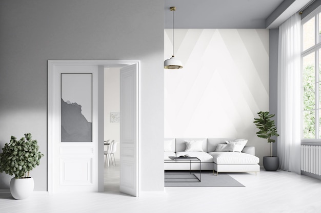 Ein anspruchsvolles Wohnzimmer mit weißer Pantone-Dekoration und stilvollen Möbelstücken