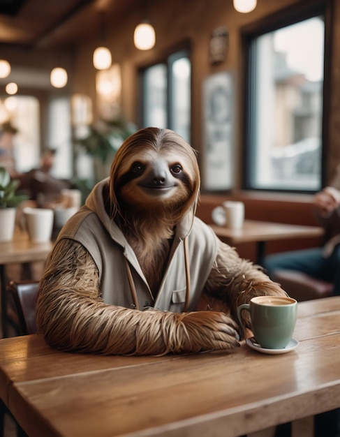 Foto ein anthropomorpher faulschweig in lässiger kleidung sitzt an einem tisch in einem gemütlichen café