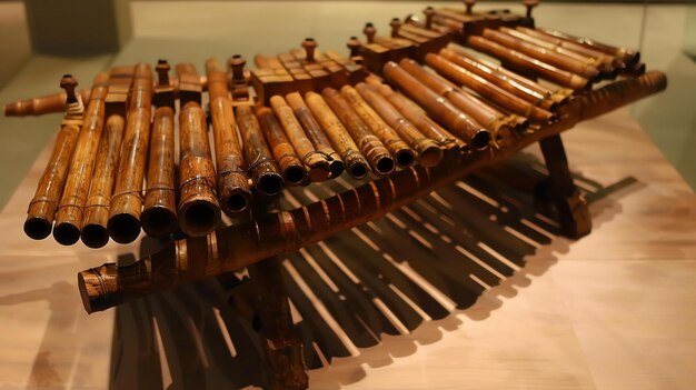 Foto ein antik aussehendes xylophone aus bambus das xylophone wird auf einem holztisch platziert das xylophon besteht aus 15 bambusröhren unterschiedlicher länge