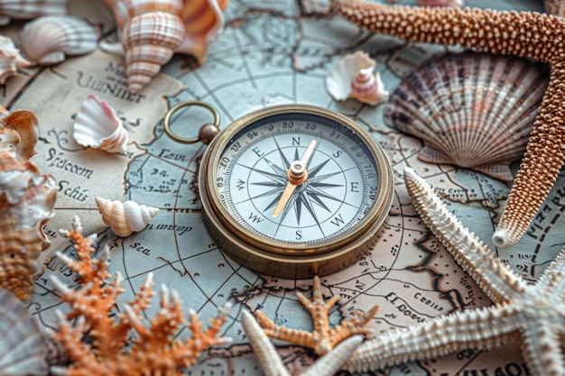 Ein antiker Kompass ruht auf einer alten Karte, umgeben von einer Auswahl an Muscheln an der Küste