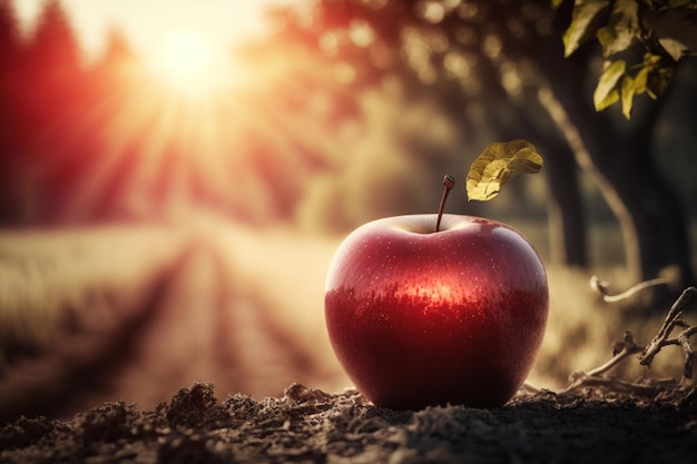 Ein Apfel auf einem Feld, auf den die Sonne scheint