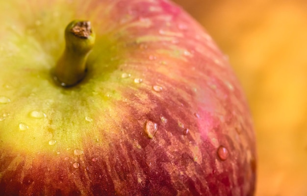 ein Apfel mit roter Färbung mit ein paar Tropfen Wasser in der Makrofotografie