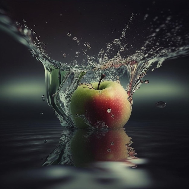 Ein Apfel plantscht im Wasser und ist dabei, ins Wasser zu fallen.