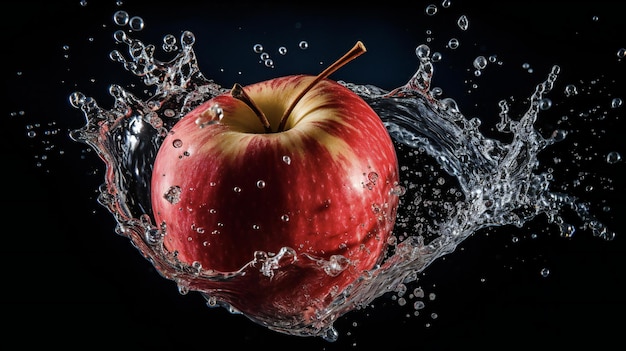 ein Apfel spritzt in Wasser auf einem schwarzen Hintergrund