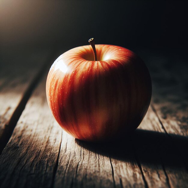 ein Apfel steht auf einem Tisch mit dunklem Hintergrund