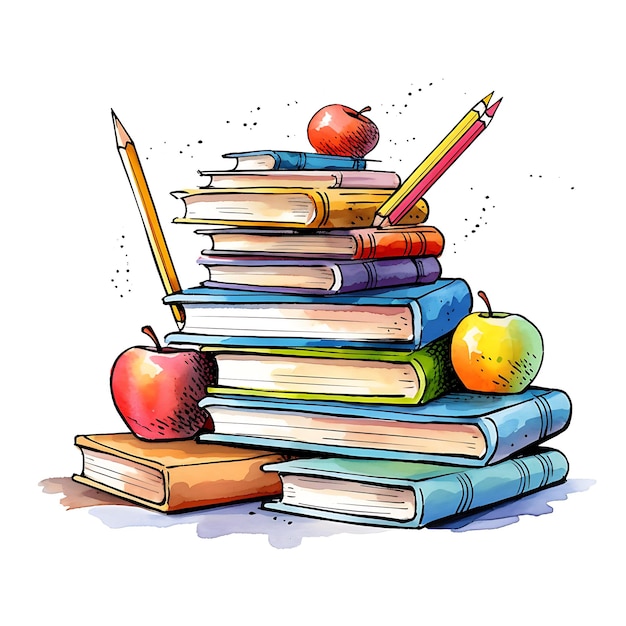 Ein Apfel und ein Apfel liegen auf einem Stapel Bücher.