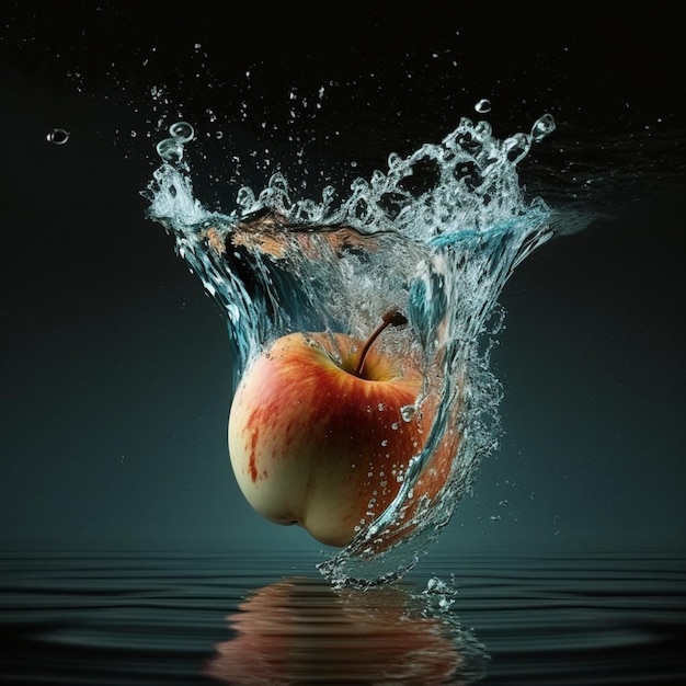 Ein Apfel wird in einen Wasserspritzer fallen gelassen.