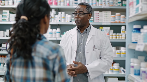 Ein Apotheker erklärt einem Kunden die Nebenwirkungen von Medikamenten