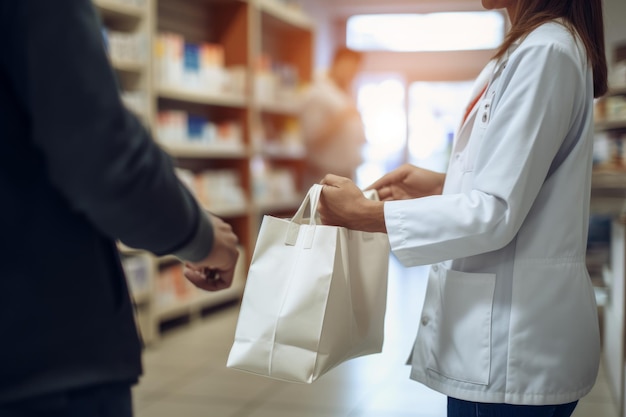 Foto ein apotheker reicht einem kunden in einer apotheke eine tüte mit verschreibungspflichtigen medikamenten. ki-generativ