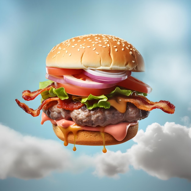 Ein appetitlicher Hamburger schwebt in den Himmel. Generative KI