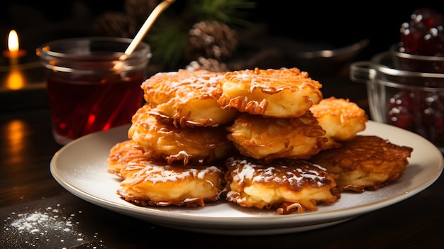 Ein appetitliches Bild von frisch gebratenen Latkes und sufganiyot die köstlichen Leckereien, die Geschmack hinzufügen