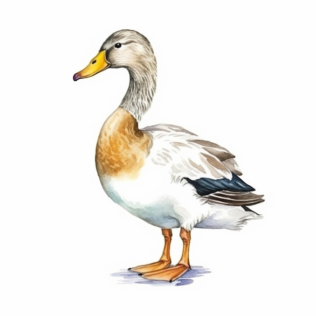 Ein Aquarell einer Ente mit weißem Körper und orangefarbenen Füßen.