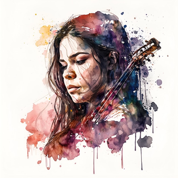 Ein Aquarell einer Frau mit einer Gitarre im Haar.