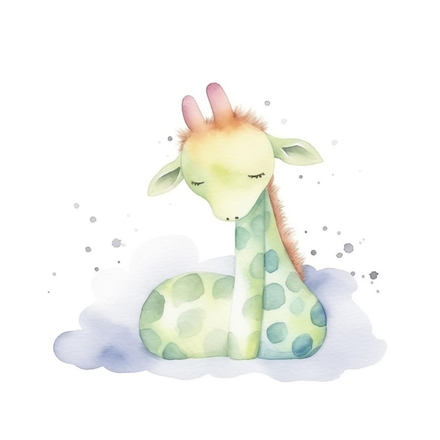 Ein Aquarell einer Giraffe mit grünen Flecken und den Worten „Schlaf“ darauf.