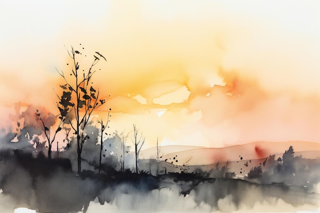 Ein Aquarell einer Landschaft mit Bäumen im Vordergrund und einem Sonnenuntergang im Hintergrund.