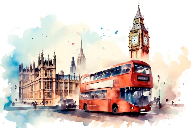 Ein Aquarell eines roten Doppeldeckerbusses in London