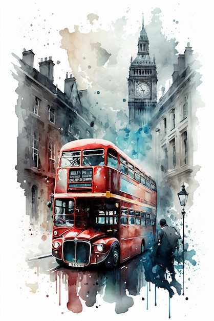 Ein Aquarell eines roten Doppeldeckerbusses in London.