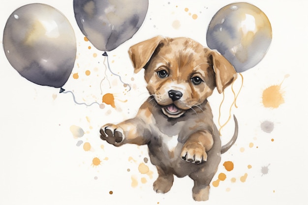 ein Aquarell-Hund hält Ballons in der Luft im Stil von grau und beige