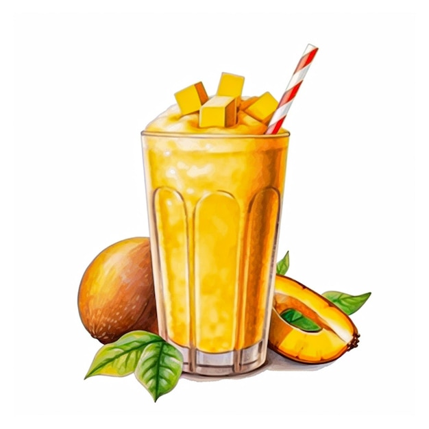 ein Aquarell-Mangosaft mit einer Mango und einem Blatt auf weißem Hintergrund