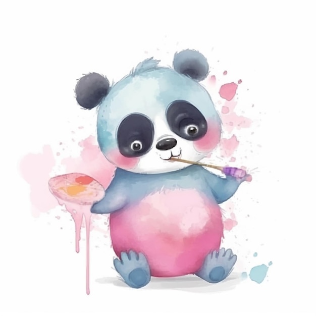 Ein Aquarell-Panda-Gemälde mit einer rosa und blauen Farbpalette.