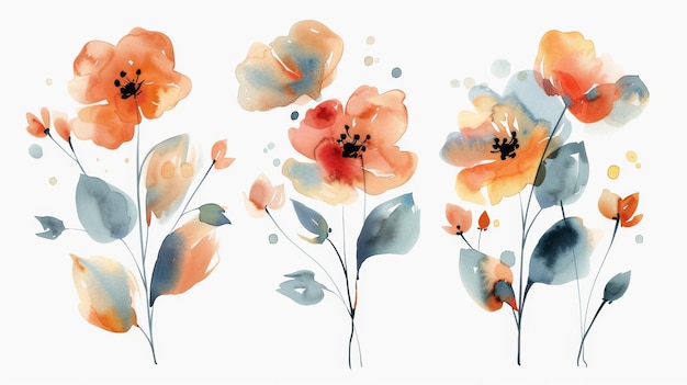 Ein Aquarell-Triptik, das blaue und rosa Blumen darstellt. Abstraktes Kunsthintergrund mit orangefarbenen und rosafarbenen Bouquets, Wildblumen und Blättern.