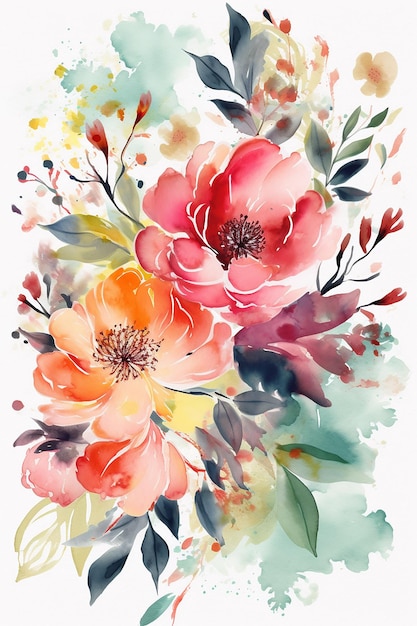 Ein Aquarell von Blumen mit dem Wort Frühling darauf.