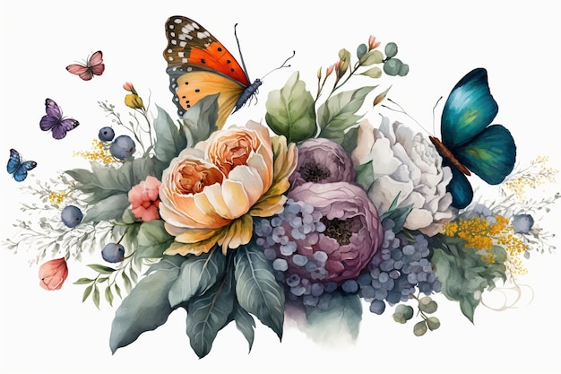 Ein Aquarell von Blumen mit Schmetterlingen und Blumen.