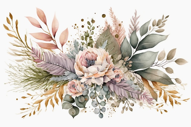 Ein Aquarell von Blumen und Blättern.