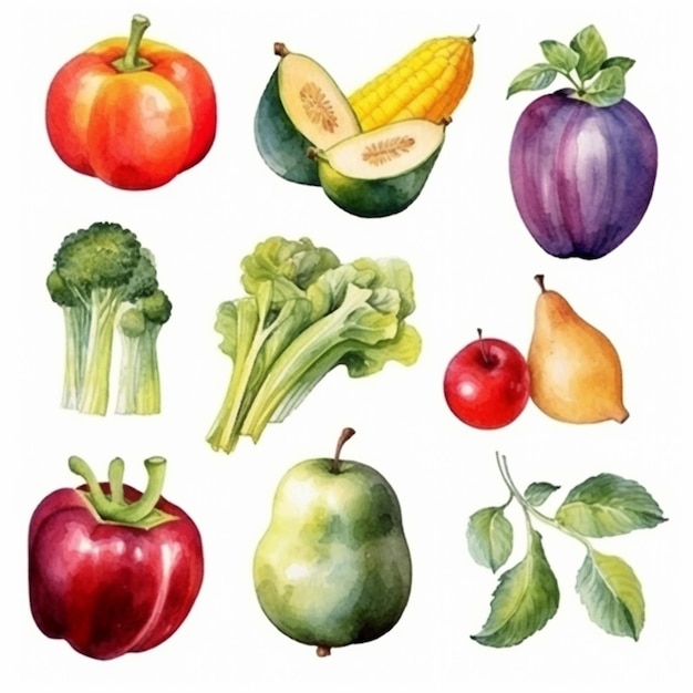 Ein Aquarell von Gemüse, darunter Brokkoli, Brokkoli und anderes Gemüse.