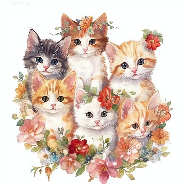 Ein Aquarell von Katzen mit Blumen und Blättern.