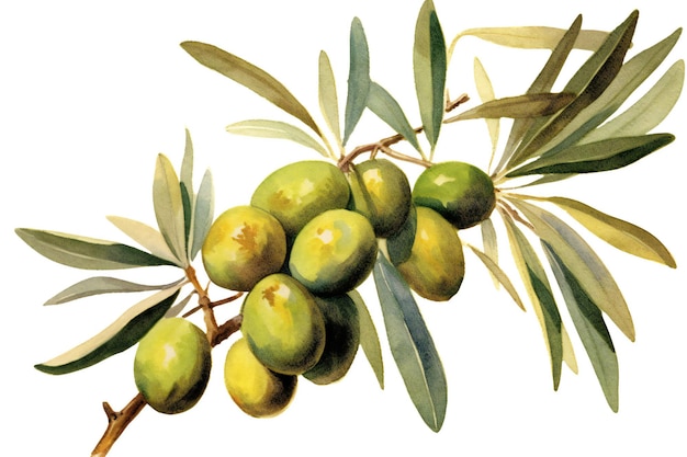 Ein Aquarell von Oliven mit Blättern und Früchten