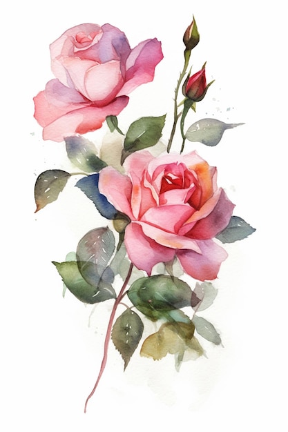 Ein Aquarell von rosa Rosen mit grünen Blättern.