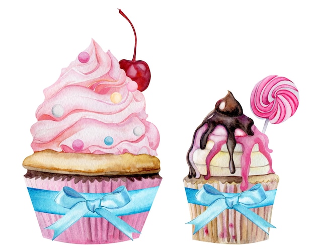 Ein Aquarell von zwei Cupcakes mit rosa Zuckerguss und einer rosa Kirsche obendrauf