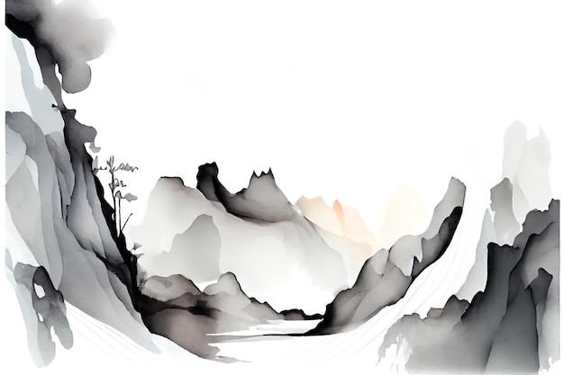 Ein Aquarellbild einer Berglandschaft mit einem Berg im Hintergrund.