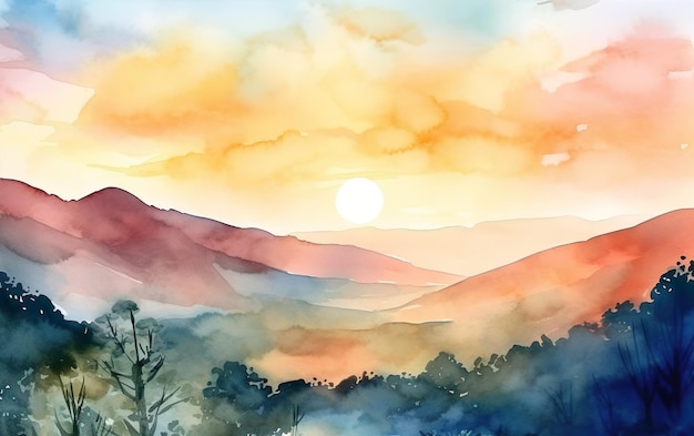 Ein Aquarellbild einer Berglandschaft mit einem Sonnenuntergang im Hintergrund.