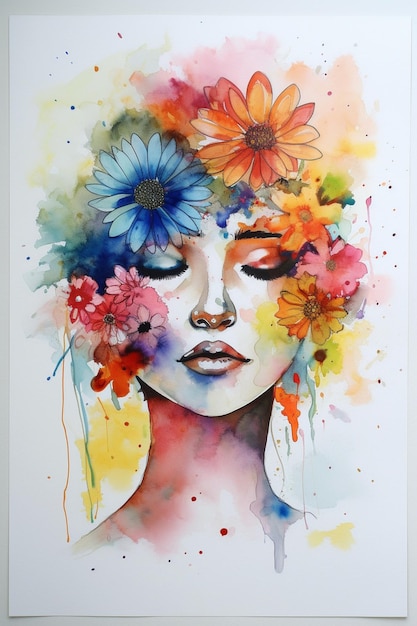 Ein Aquarellbild einer Frau mit Blumen auf dem Kopf