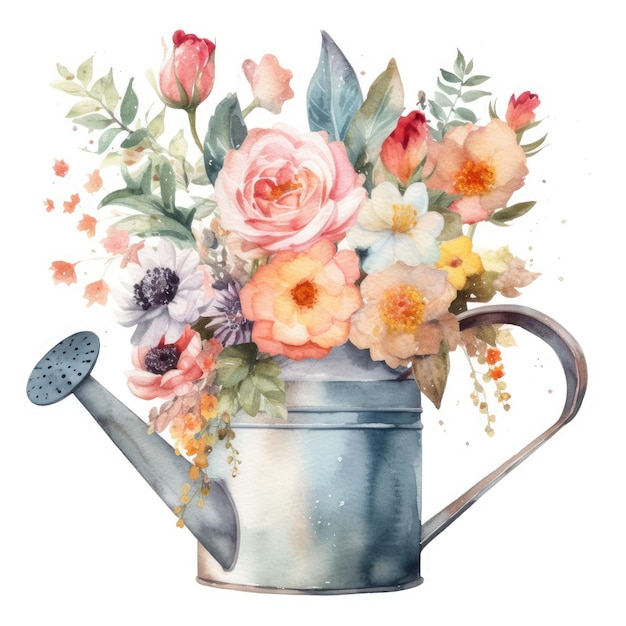 Ein Aquarellbild einer Gießkanne mit Blumen darin