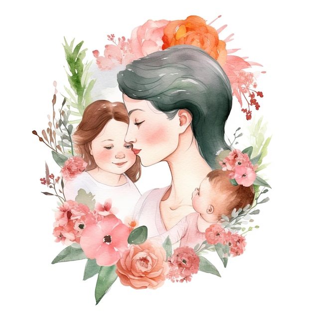 Ein Aquarellbild einer Mutter, die ihr Baby zum Muttertag küsst