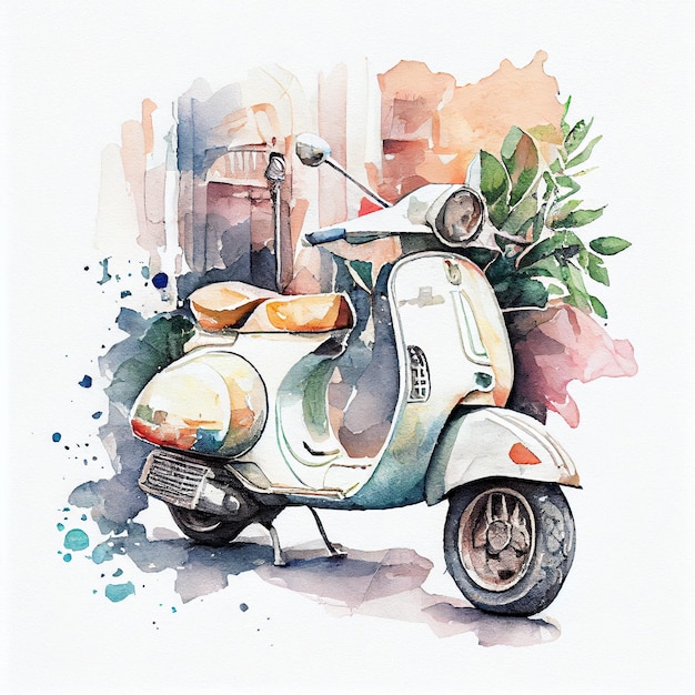 Ein Aquarellbild einer Vespa mit dem Wort Vespa darauf.