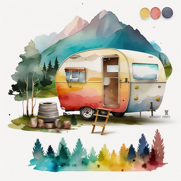 Ein Aquarellbild eines Campers mit dem Wort „on it“