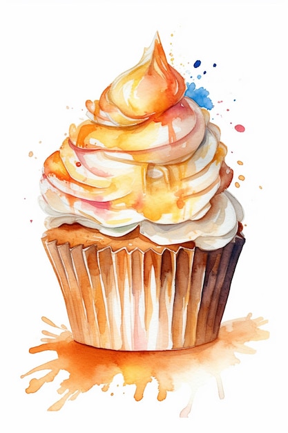 Ein Aquarellbild eines Cupcakes mit Frischkäse-Zuckerguss.