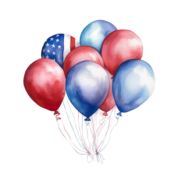 Ein Aquarellbild eines Haufens Luftballons mit der amerikanischen Flagge darauf