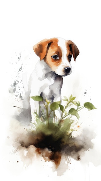 Ein Aquarellbild eines Hundes mit blauem Auge und einem weißen Fleck auf dem Gesicht.